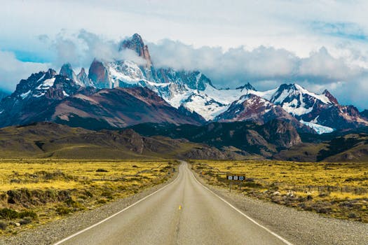 Scenic view of the road leading to Mount Fitz Roy in El Chaltén, Argentina.